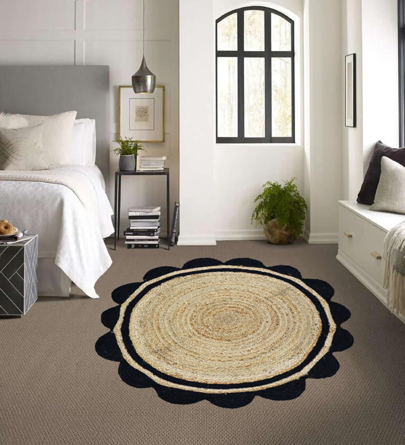2 Ft Round Black & Natural Jute Premium Scalloped Jute Rug | Boho scalloped rug for Living Room | Bedroom | Kitchen | Hallway | Entryway