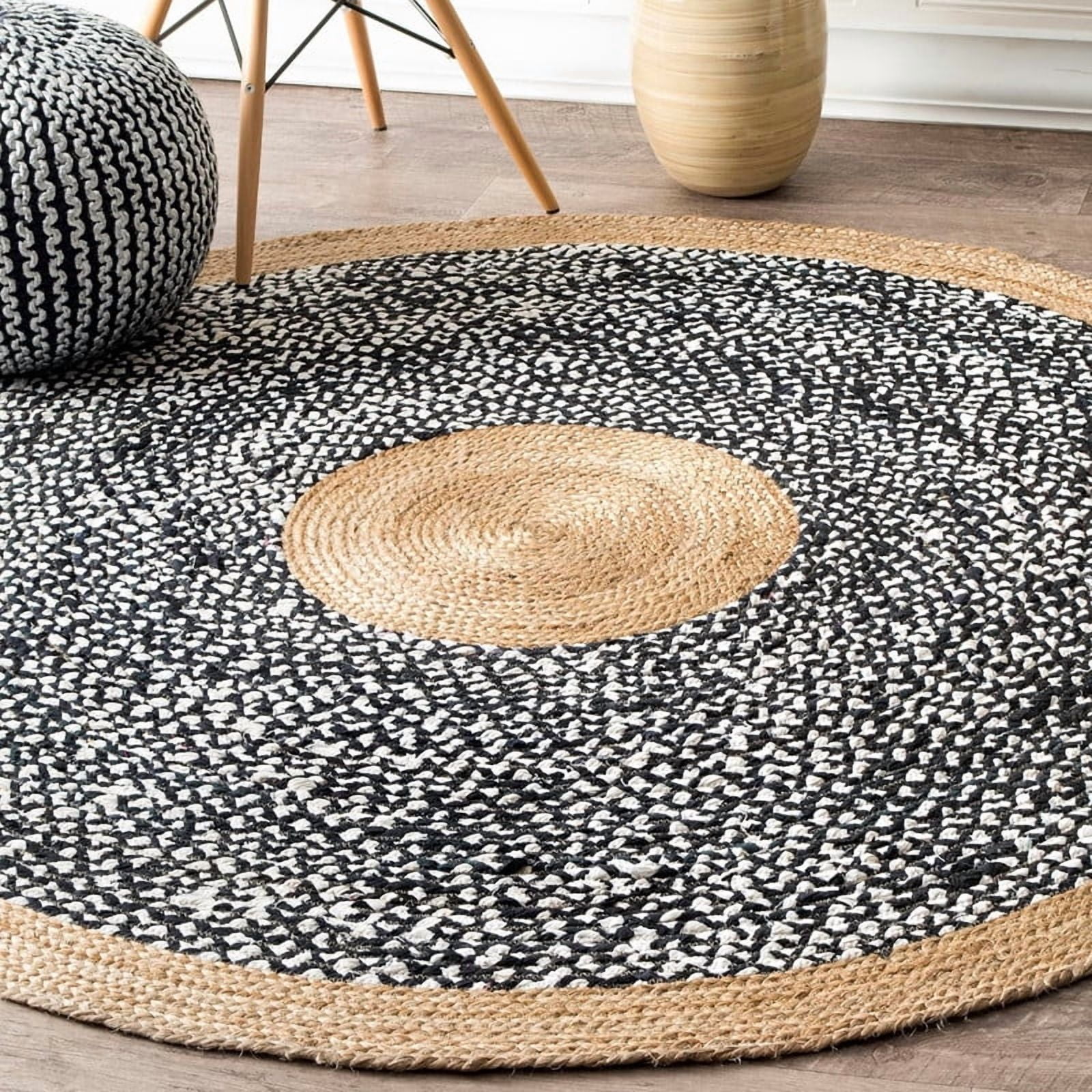 2 Ft Round Black & White Cotton Jute Area Rug, Hand-Woven Farmhouse Boho Style, Durable & Pet-Friendly Rug for Living Room, Dining Room, and Bedroom