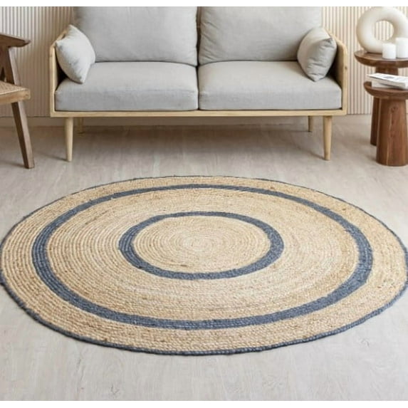 2 Ft Round Navy Blue & Natural Jute Area Rug | Handmade Rug | Solid Farmhouse Design | Natural Jute Rug for Living Room | Dining Room | Bedroom | Kitchen | Hallway | Entryway