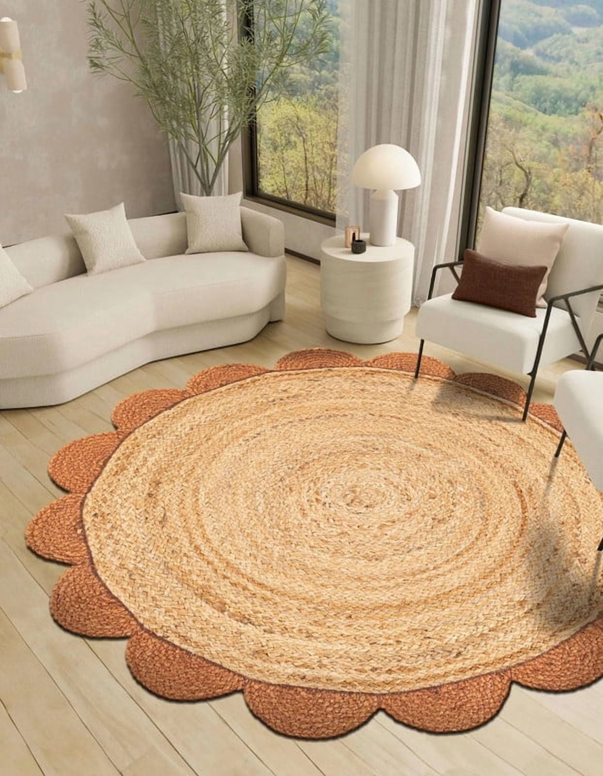 2 Ft Round Orange & Natural Jute Premium Scalloped Jute Rug | Boho scalloped rug for Living Room | Bedroom | Kitchen | Hallway | Entryway