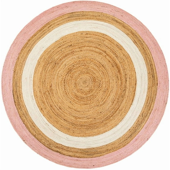 2 Ft Round Pink | White & Natural Jute Area Rug | Handmade | Solid Farmhouse Design | Natural Jute Rug for Living Room | Dining Room | Bedroom | Kitchen | Hallway | Entryway