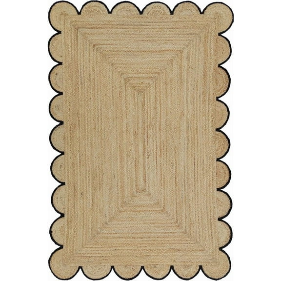 2 Ft Square Black Border Premium Scalloped Jute Rug – Handcrafted Natural Braided Carpet for Living Room, Bedroom, Entryway – Boho Home Decor