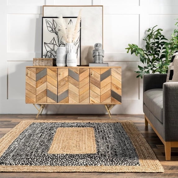2 Ft Square Black & White Cotton Jute Area Rug, Hand-Woven, Reversible, Farmhouse Boho Style, Durable & Pet-Friendly Rug for Living Room, Dining Room, and Bedroom