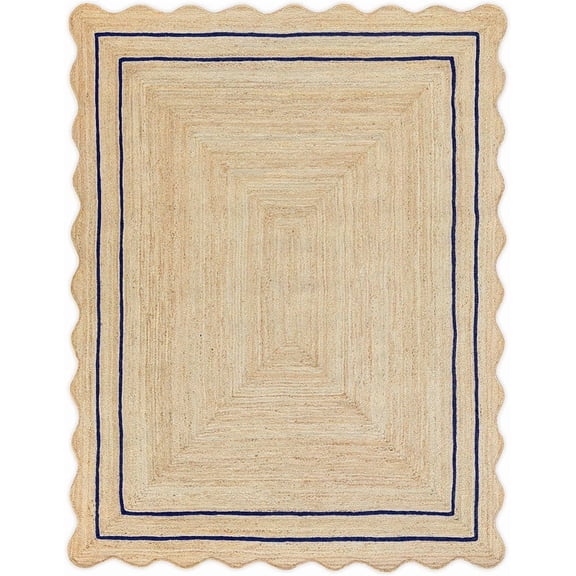 2 Ft Square Navy Blue Border Premium Scalloped Jute Rug, Handcrafted Natural Braided Carpet for Living Room, Bedroom, Entryway, Hallway etc.