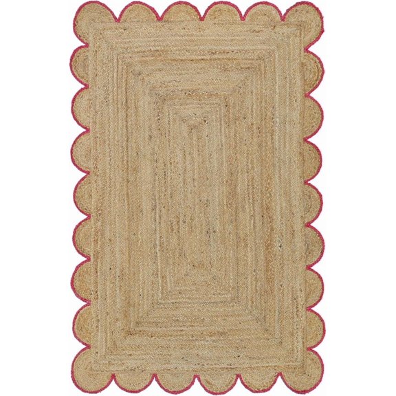 2 Ft Square Red Border Premium Scalloped Jute Rug – Handcrafted Natural Braided Carpet for Living Room, Bedroom, Entryway, Boho Home Decor