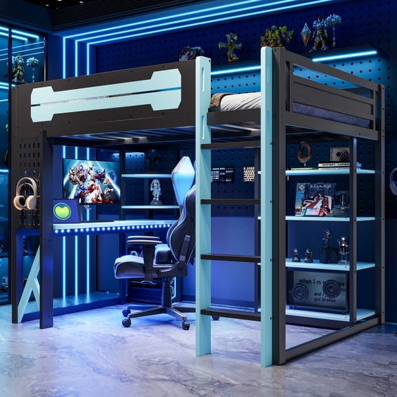 ChenyueFurn Wood Full Loft Bed with Built-in Desk and Shelves, ,Black+Blue
