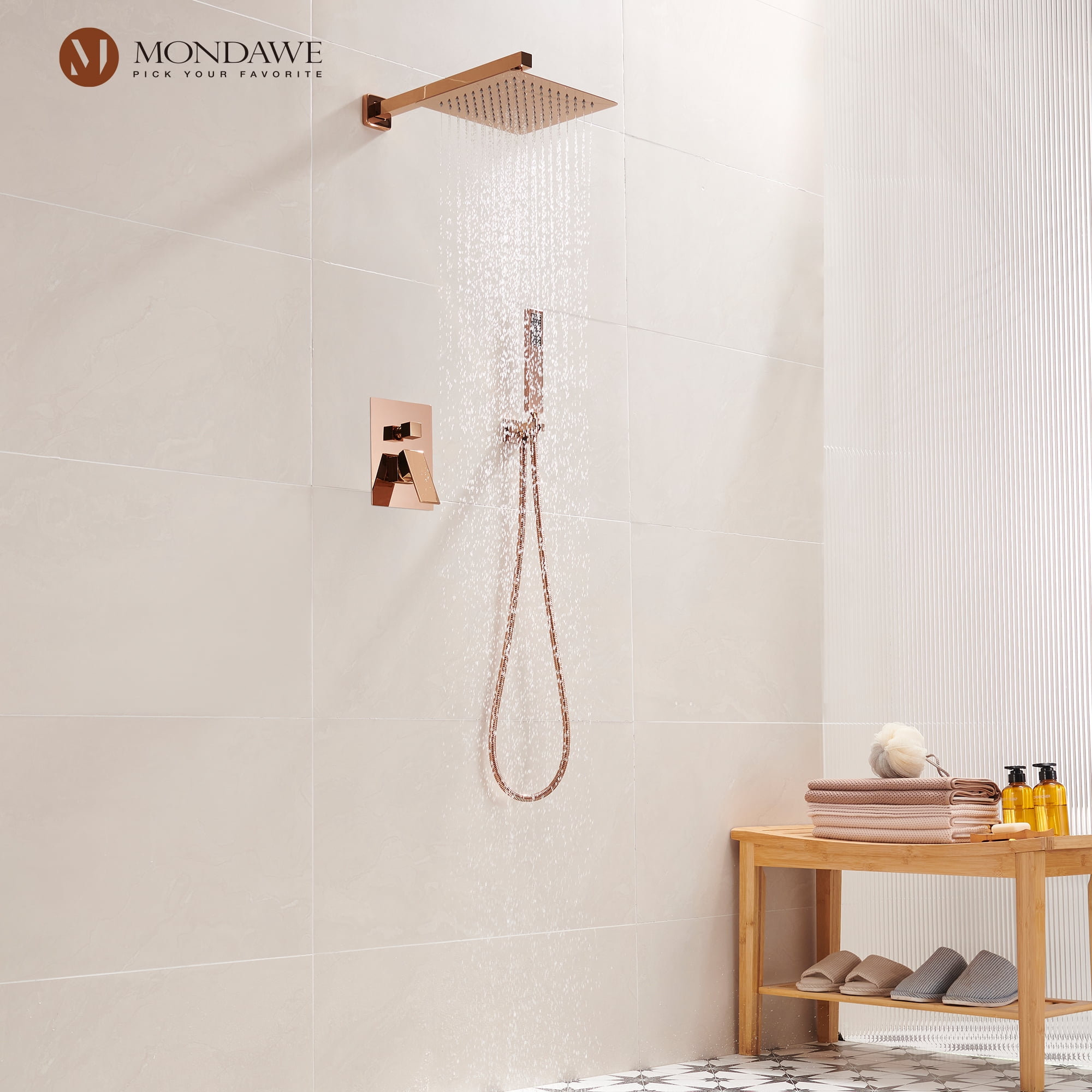 Rose Gold 10-Inch Square Rainfall Shower System with Handheld