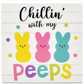 Gift Boutique Easter Bunny Wooden Box Sign Set, Funny Peeps Tabletop Decor, Spring Tiered Tray Centerpiece, 5 x 5 in, 2 Pack
