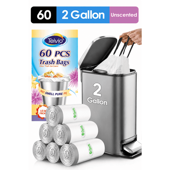 2 Gallon 60 Pcs Small Strong Drawstring Trash Bags Garbage Bags Small Plastic Trash Bags fit 6-7L Trash Can for Home Office Kitchen Bedroom, White