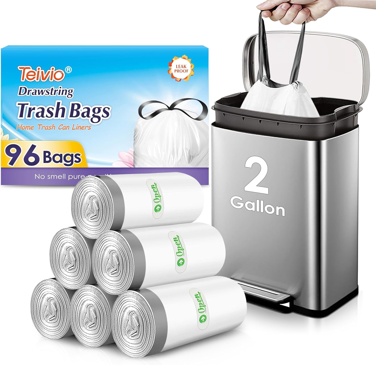 2 Gallon 96pcs Strong Drawstring Trash Bags Garbage Bags, Bathroom ...