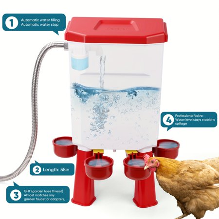 2 Gallon Automatic Chicken Drinker, Float Control Feeder with 4 Cups, Metal Hose with 3/4-inch And 1/2-inch Ends, Large Poultry Drinker for Chicks, Quail, Ducks, Turkeys