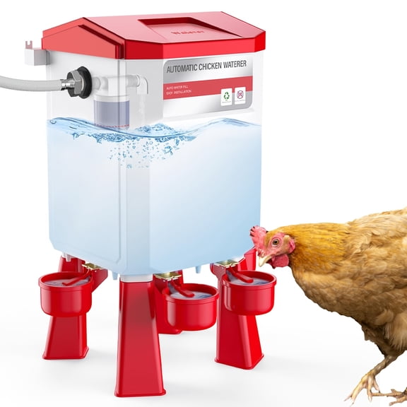 2 Gallon Automatic Chicken Waterer , Float Valve Poultry Drinking Dispenser with 4 Cups, 13.12FT Hose, Filtered Water Control, Large Poultry Waterer for Chick Quail Duck Turkey(Red)
