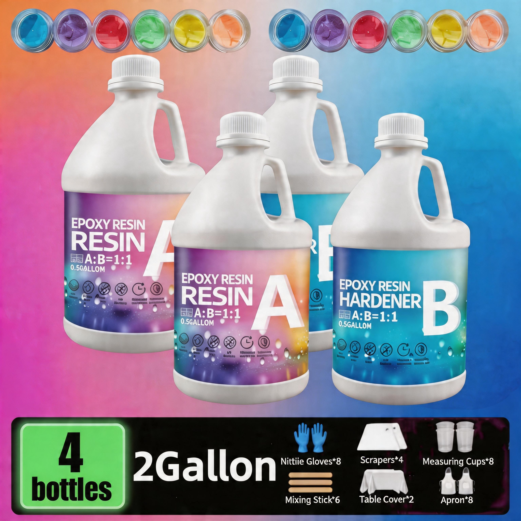 2 Gallon Clear Epoxy Resin Kit - High Hardness, Bubble-Free, Anti-Yellowing, Self-Leveling, Fast Cure. With Two Sets Of 6 Pigments, For Casting, Coating, Countertops, River Tables, Molds & Crafts. Id