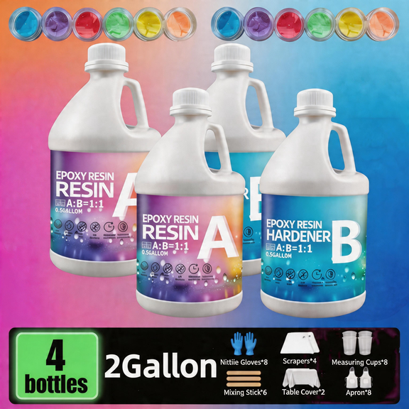 2 Gallon Clear Epoxy Resin Kit - High Hardness, Bubble-Free, Anti-Yellowing, Self-Leveling, Fast Cure. With Two Sets Of 6 Pigments, For Casting, Coating, Countertops, River Tables, Molds & Crafts. Id