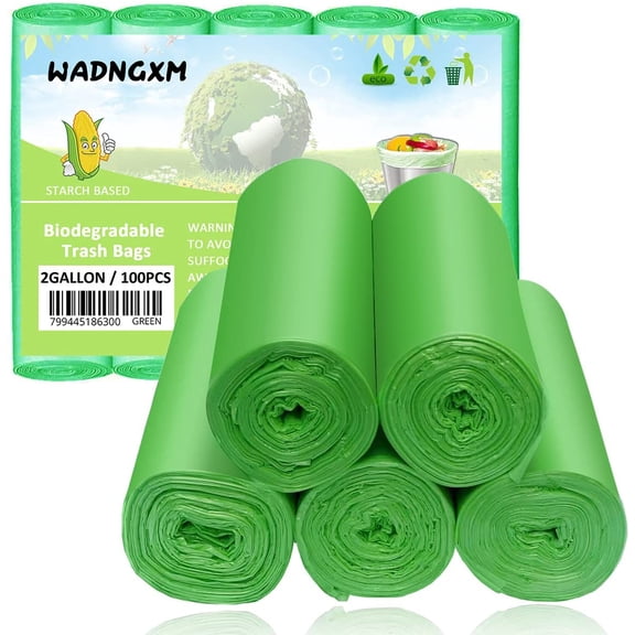 2 Gallon Compostable Trash Bags Small Biodegradable Garbage Bags 7.5 Liters Wastebasket Trash Liners for Bathroom Office Bedroom, Green 100 Counts