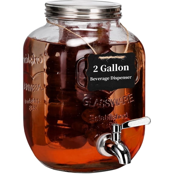 2 Gallon Drink Dispenser with 18/8 Stainless Steel Spigot, Sun Tea Glass Mason Jar for Outside, Iced Lemonade Beverage Dispenser with Ice Core, Large Water Juice Jug, Punch Dispenser for Parties