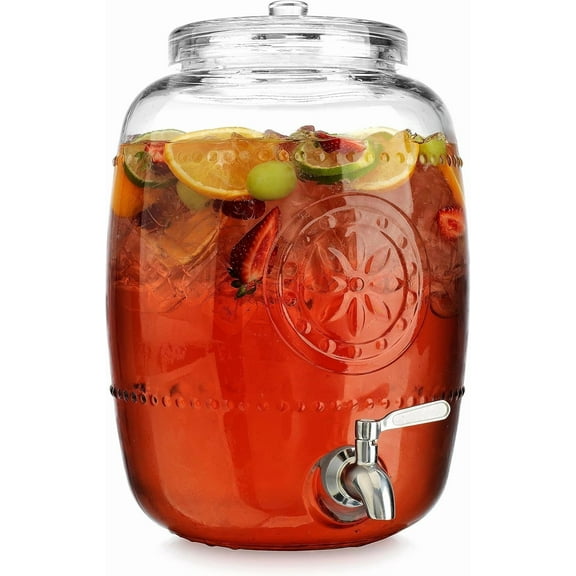2 Gallon Drink Dispenser Vintage Deboss Pinwheel Design Glass Beverage Dispenser for Parties, Weddings, and Daily Use