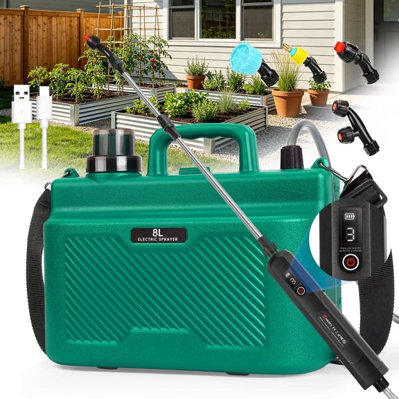 Battery Powered Garden Sprayer 2 Gallon(8L), Lightweight Electric Weed Sprayer with Telescopic Wand & 4 Adjustable Nozzles, Portable Yard Sprayer for Plant Watering, Lawn Care, Fertilizing, Green