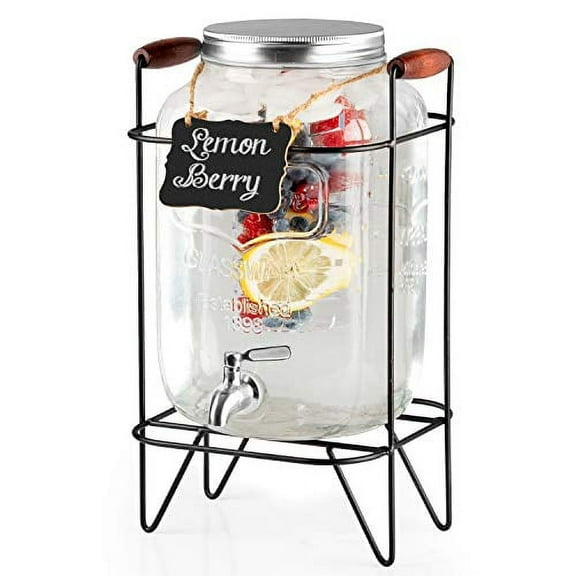 2 Gallon Glass Beverage Dispenser with Infuser, Metal Base, Stainless Steel Spigot & Hanging Chalkboard - Outdoor Drink Dispenser for Lemonade, Tea, Cold Water & More