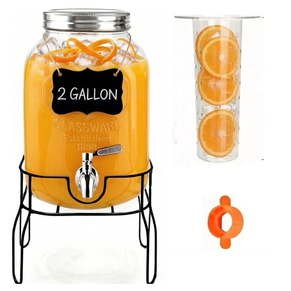 2 Gallon Glass Beverage Dispenser with Stand, Lid and Ice Core