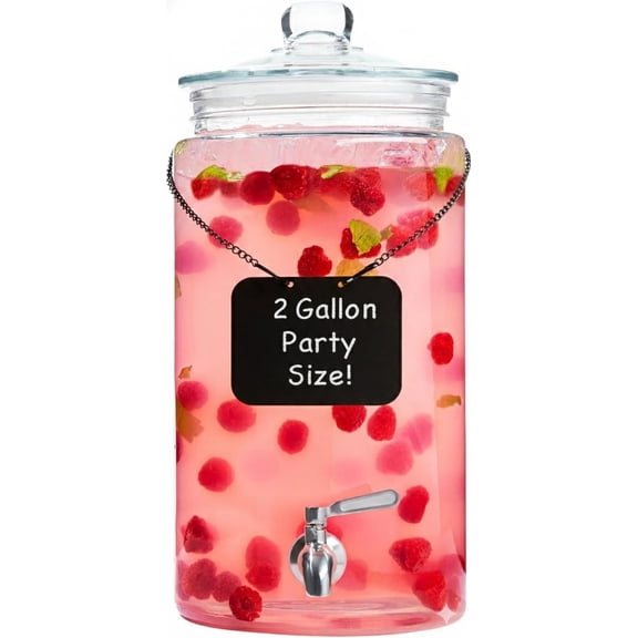 2 Gallon Glass Drink Dispenser with Spout for Parties - Tall Airtight Mason Style Beverage Serveware Stand with Metal Spigot for Kombucha, Water, Juice, Punch, Cocktails, Ice Tea & Sun Tea