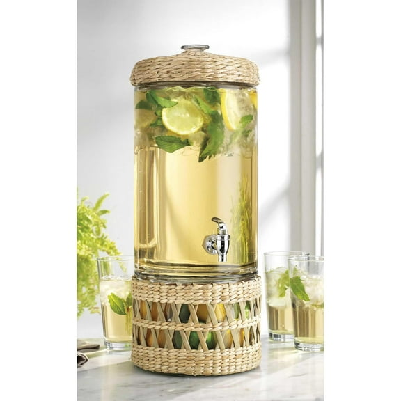 2-Gallon Glass Drink Dispenser with Rattan Wrap Elegant Beverage Dispenser with Weave Decorative Stand for Parties, Weddings Gatherings