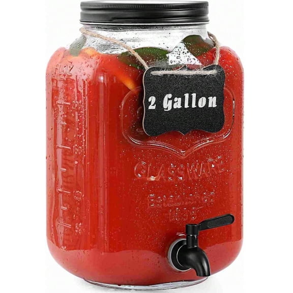 2 Gallon Glass Drink Dispenser with Stand and Stainless Steel Spigot, Beverage Dispenser with Fruit Infuser & Ice Cylinder for Parties and Laundry