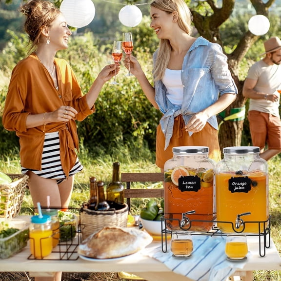2 Gallon Glass Drinks Dispenser 2 Pack with Stand, Spout & Coasters for Juice Iced Tea Lemonade