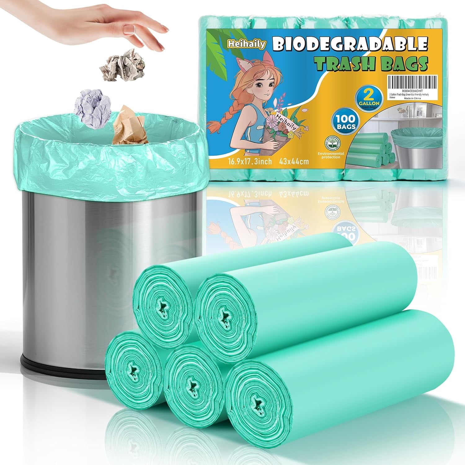 2 Gallon Mini Green Trash Bag - Small Garbage Bags For Bathroom Can 100 ...