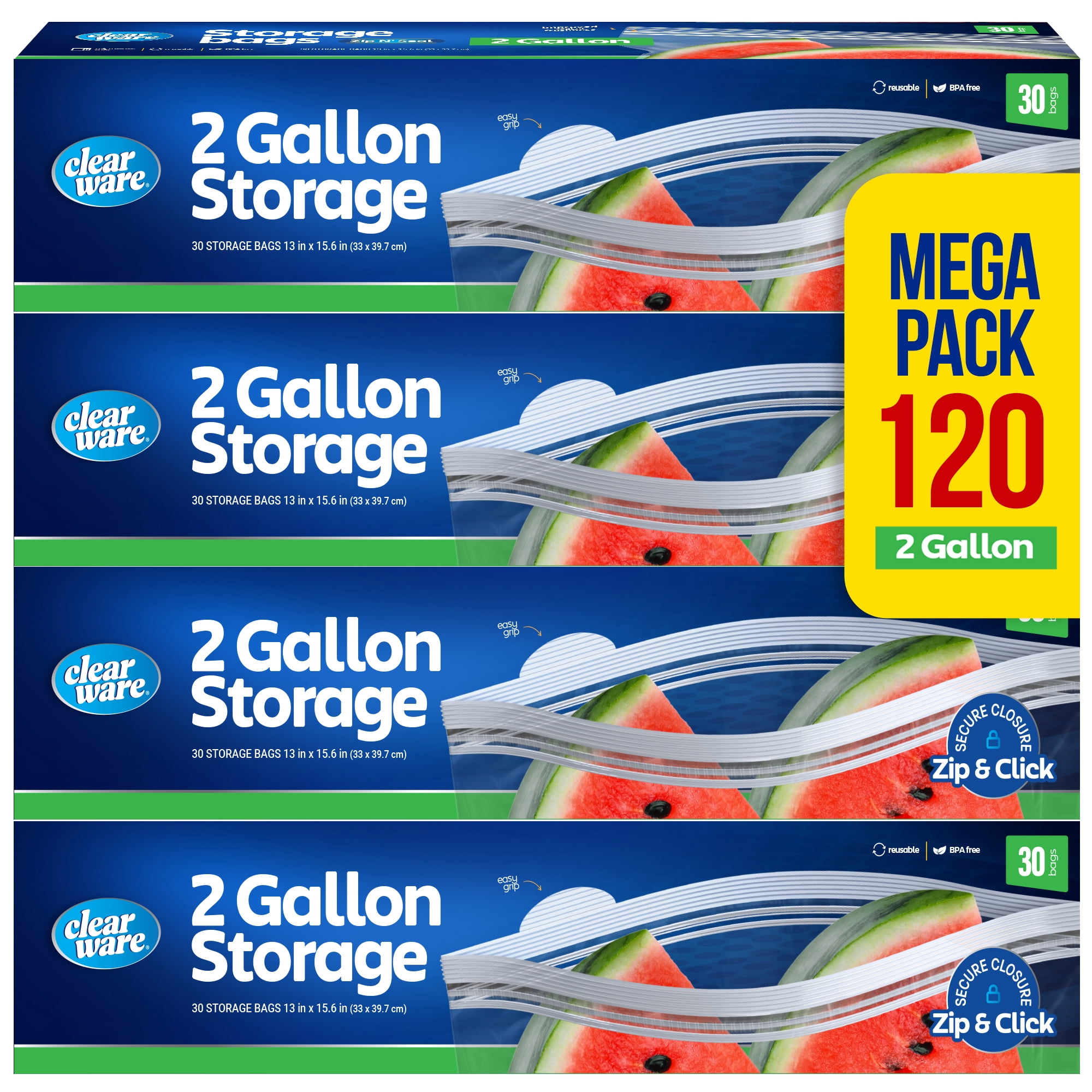 ClearWare Reusable Plastic Storage Bags, 2 Gallon, Leakproof, Microwave ...