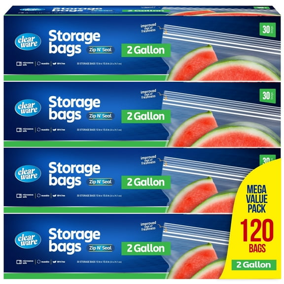 2 Gallon Plastic Storage Bags - Reusable Thick Food Storage Bags - Microwave-Safe, Zero BPA - Resealable Double Zippered Containers for Lunch, Snacks, Meals - 4 Boxes, 120 Count