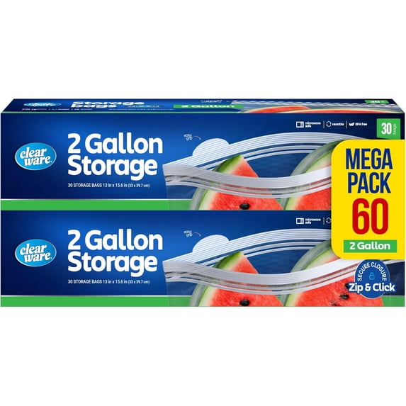 2 Gallon Storage Bags, Double Zipper Seal - 60 Count, Resealable Thick Plastic Food Storage Bags - Microwave-Safe, Zero BPA - Resealable Containers for Lunch, Snacks, Meals - 2 Boxes