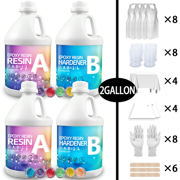 2 Gallon Total 1:1 Epoxy Resin Kit, 1 Gal Resin A & 1 Gal Hardener B with 6 Colors Mica Powder & Full Tools, Crystal Clear Self Leveling Bubble-Free Anti-Yellowing Resin for River Table, Wood Art & D
