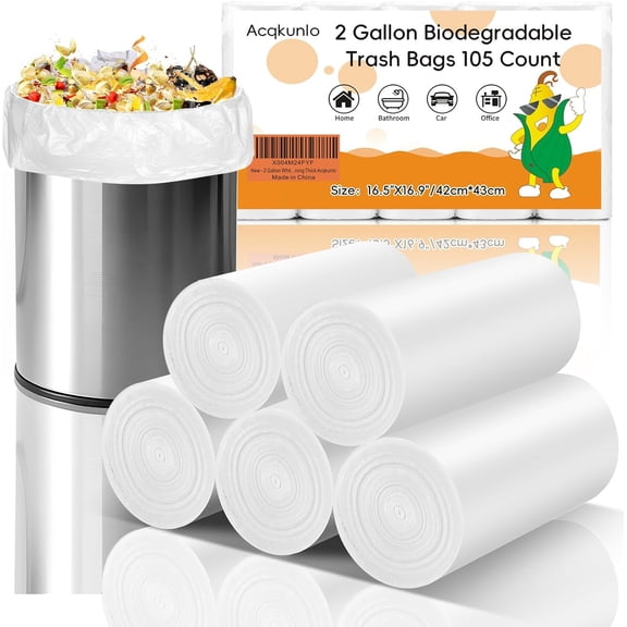 2 Gallon White-Biodegradable Small Trash Bag - Mini Garbage Bags For Bathroom Kitchen Office Car Can 105 Count 7.5L Unscented Compostable Waste Basket Liners Bulk Strong Thick
