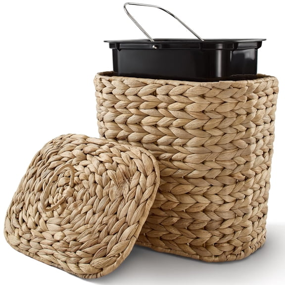 2 Gallons Wicker Waste Basket with Lid - Large Wicker Trash Can for Office - Waste Basket for Bedroom, Bathroom, Kitchen, Living Room - Boho Handwoven Trash Cans for Garbage (2 Gallons)