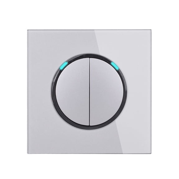 2 Gang 1 Way Random Click Push On / Off Wall Light Switch With LED Indicator Tempered Crystal Glass Panel 16A Grey ,Easy to Installation