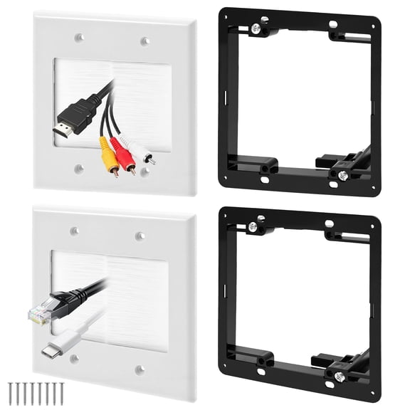 2 Pack 2-Gang Brush Wall Plate with Low Voltage Mounting Bracket, White Cable Pass Through Wall Plate for HDMI, Coaxial, Speaker Wires & AV Cables, UL-Grade Flame Retardant PC, Flush Mount