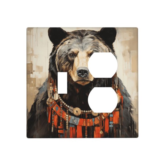 2-Gang Combination Switch Wall Plate, Receptacle Outlet Cover Decor, Bear Rustic Lodge Southwestern Art Print