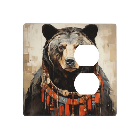2-Gang Duplex Blank Switch Wall Plate, Receptacle Outlet Cover Decor, Bear Rustic Lodge Southwestern Art Print