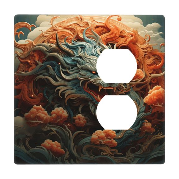 2-Gang Duplex Blank Switch Wall Plate, Receptacle Outlet Cover Decor, Chinese Dragon Cool Art Print