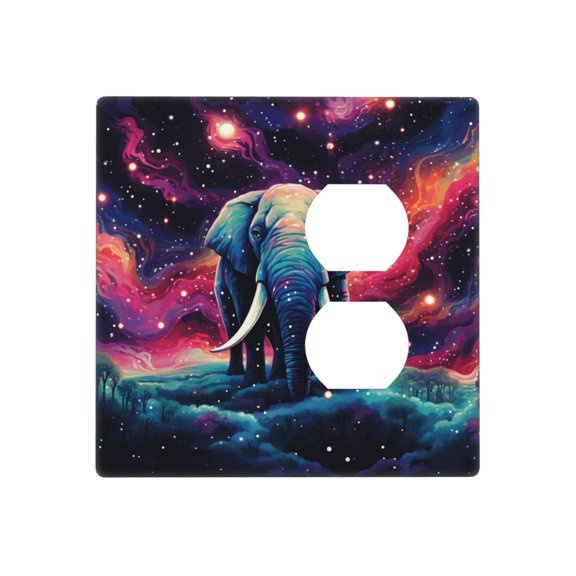 2-Gang Duplex Blank Switch Wall Plate, Receptacle Outlet Cover Decor, Elephant Indian Starry Psychedelic Art Print