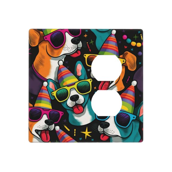 2-Gang Duplex Blank Switch Wall Plate, Receptacle Outlet Cover Decor, Funny Dogs Cool Dog Party Art Print