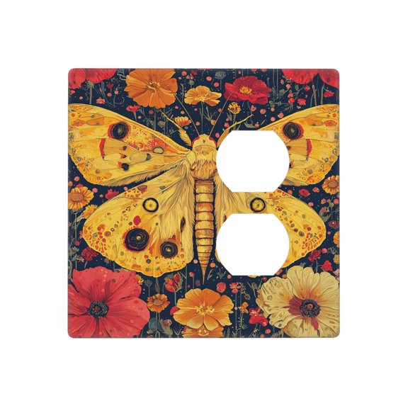 2-Gang Duplex Blank Switch Wall Plate, Receptacle Outlet Cover Decor, Moth Hippie Retro Art Print