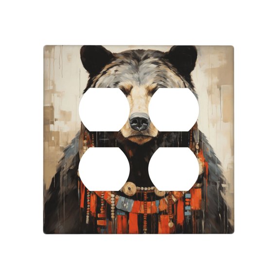 2-Gang Duplex Outlet Switch Wall Plate, Receptacle Outlet Cover Decor, Bear Rustic Lodge Southwestern Art Print