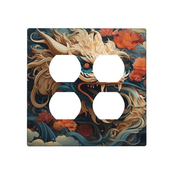 2-Gang Duplex Outlet Switch Wall Plate, Receptacle Outlet Cover Decor, Chinese Dragon Art Print