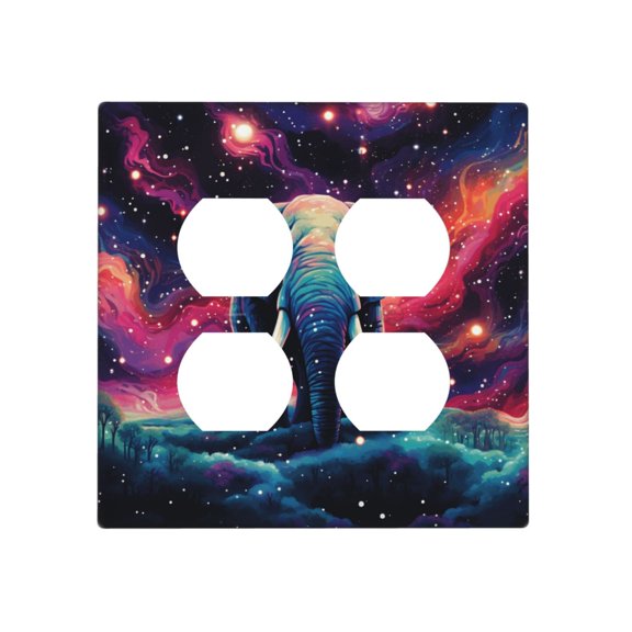 2-Gang Duplex Outlet Switch Wall Plate, Receptacle Outlet Cover Decor, Elephant Indian Starry Psychedelic Art Print