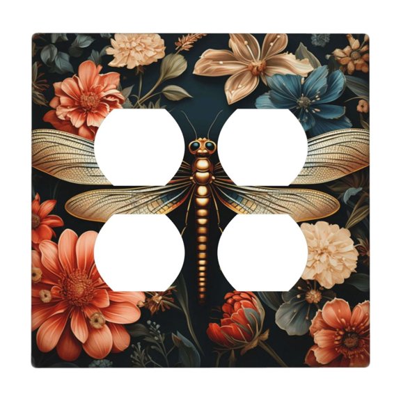 2-Gang Duplex Outlet Switch Wall Plate, Receptacle Outlet Cover Decor, Retro Dragonfly And Flower Art Print