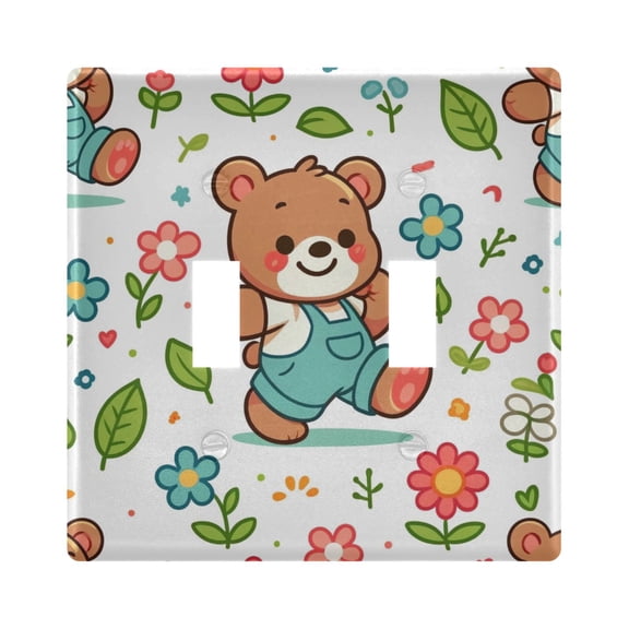 2 Gang Light Switch Cover Plate Cartoon Bear with Flower and Leaf Wall Plate Decorate Electrical Outlet Cover Plates 4.56”x4.48”