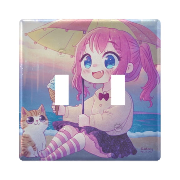 2 Gang Light Switch Cover Plate Cute Girl and Cat on Beach Wall Plate Decorate Electrical Outlet Cover Plates 4.56”x4.48”