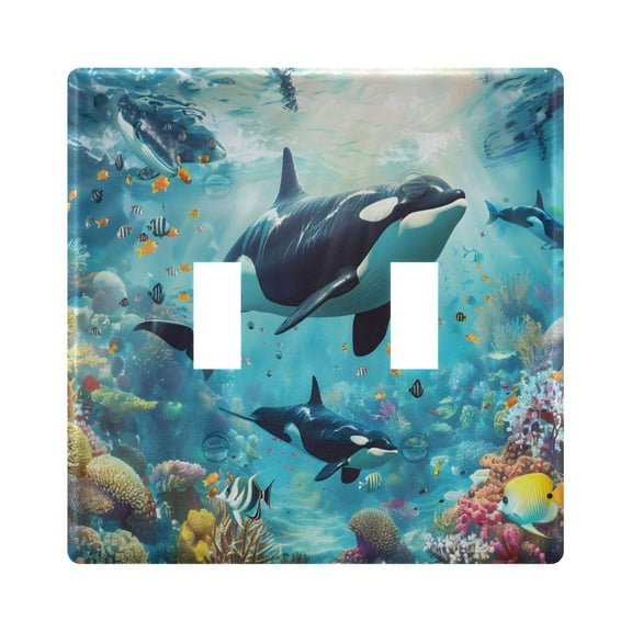 2 Gang Light Switch Cover Plate Whales Fishes Corals Wall Plate Decorate Electrical Outlet Cover Plates 4.56”x4.48”